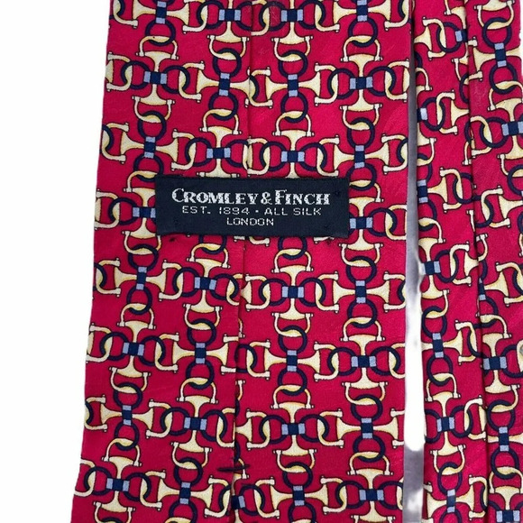 Cromley & Finch Necktie Men's Handmade Red Yellow Chain Pattern All Silk London - Picture 5 of 7
